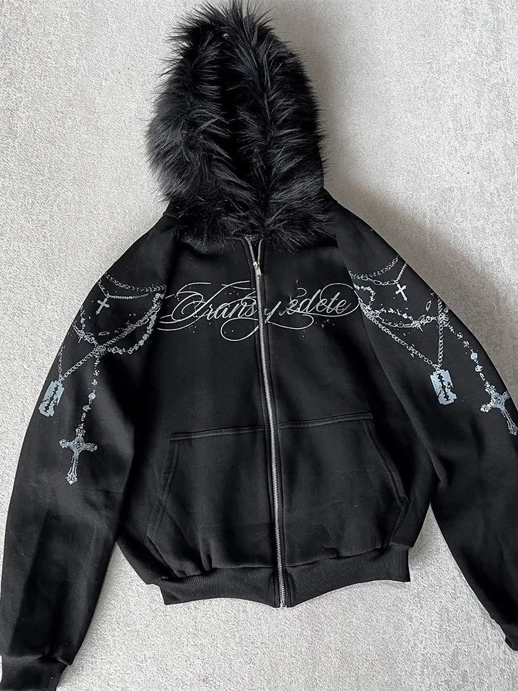 Gothic Punk Faux Fur Zip-Up Hoodie