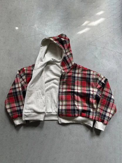 Plaid Double-Sided Zip-Up Hoodie