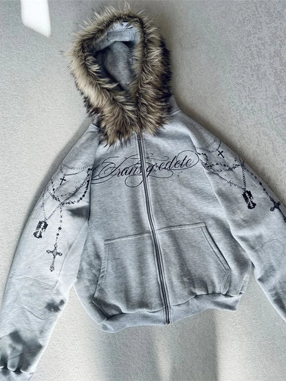 Gothic Punk Faux Fur Zip-Up Hoodie