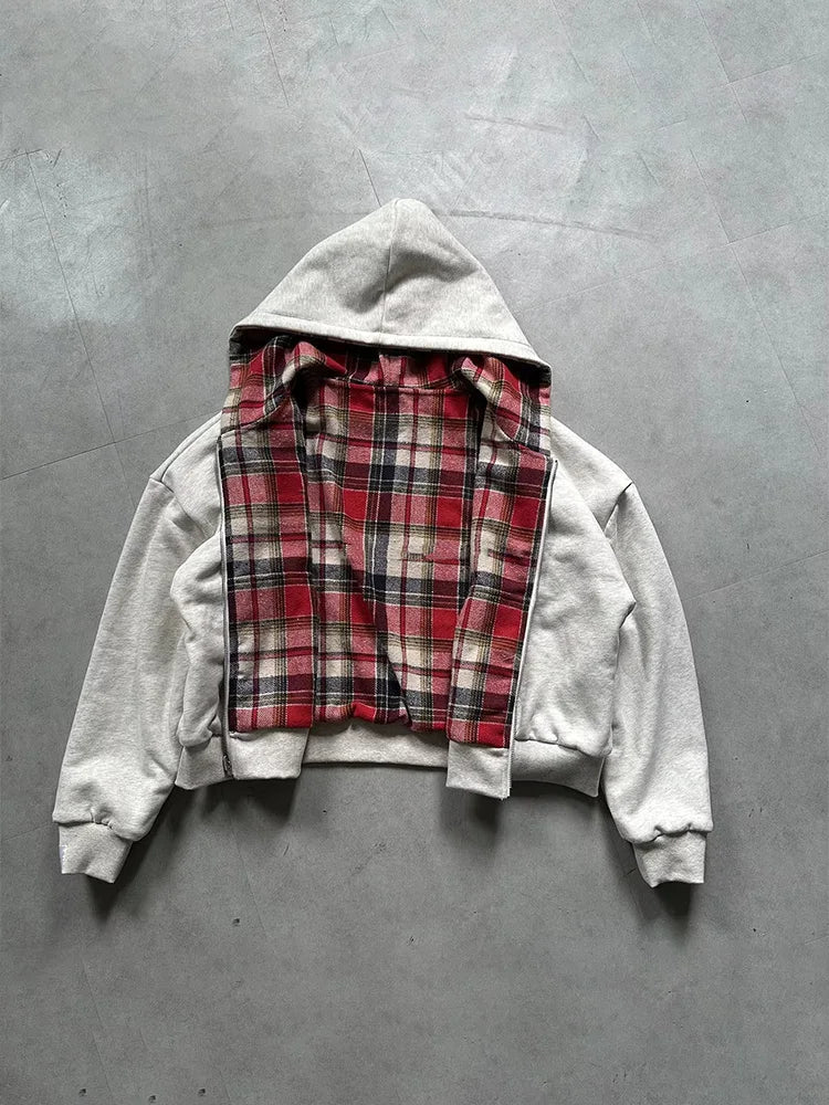 Plaid Double-Sided Zip-Up Hoodie