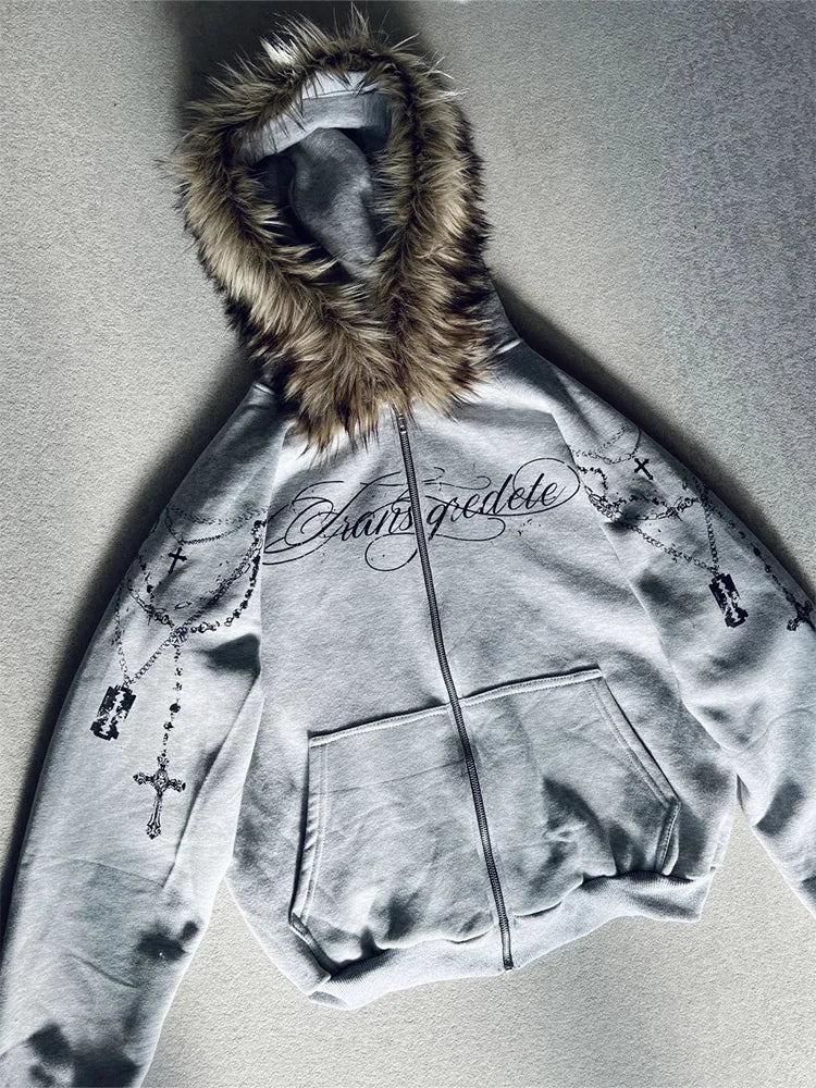Gothic Punk Faux Fur Zip-Up Hoodie