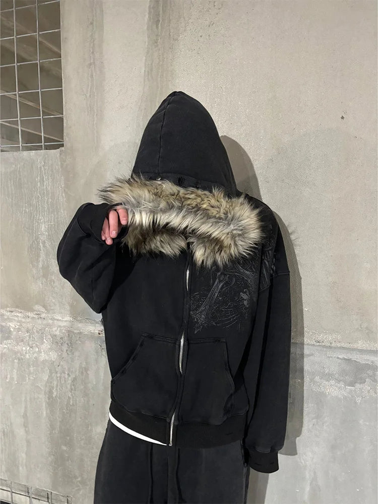 Y2K Harajuku Faux Fur Collar Hoodie