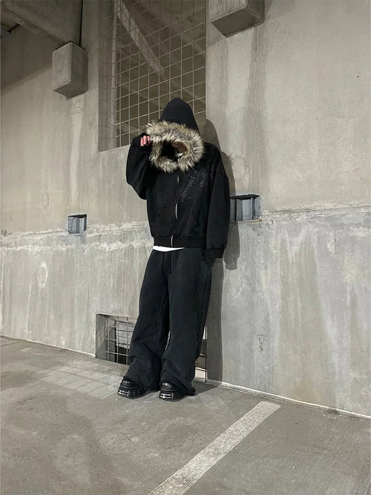 Y2K Harajuku Faux Fur Collar Hoodie