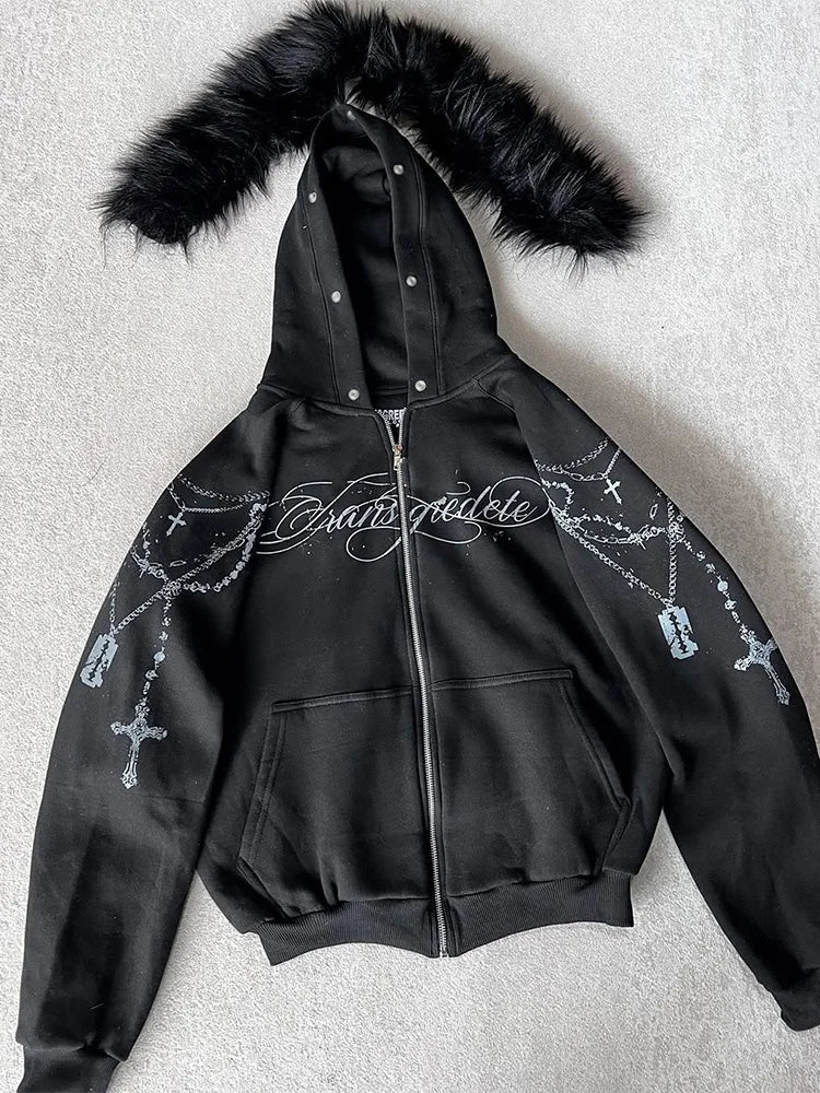 Gothic Punk Faux Fur Zip-Up Hoodie
