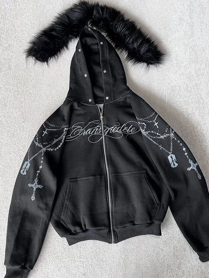 Gothic Punk Faux Fur Zip-Up Hoodie
