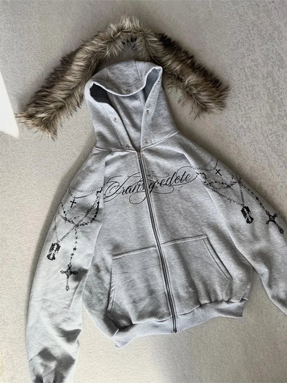Gothic Punk Faux Fur Zip-Up Hoodie