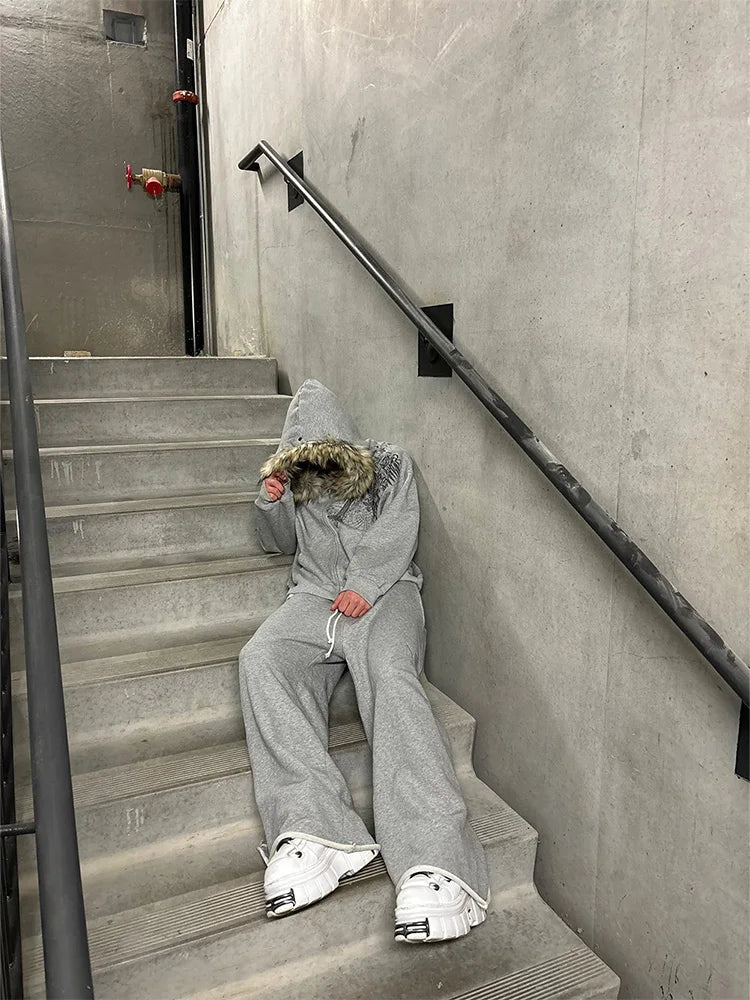 Y2K Harajuku Faux Fur Collar Hoodie