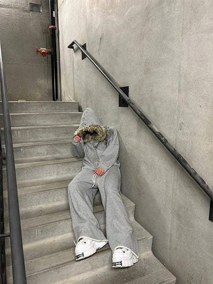 Y2K Harajuku Faux Fur Collar Hoodie